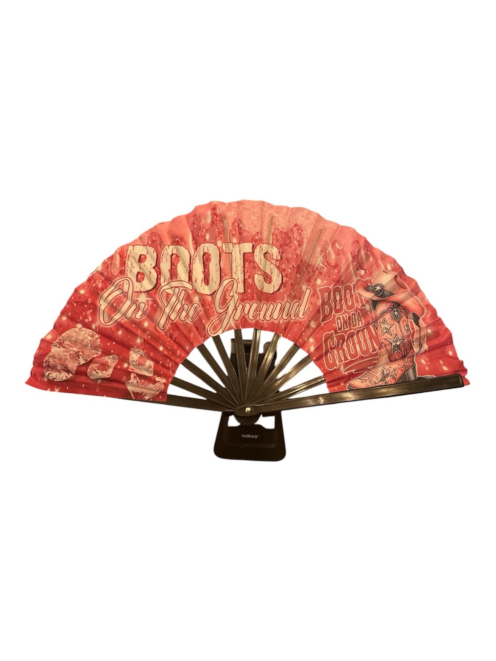 Trendy boutique Red Decorative Folding Fan with 'Boots On The Ground' Print